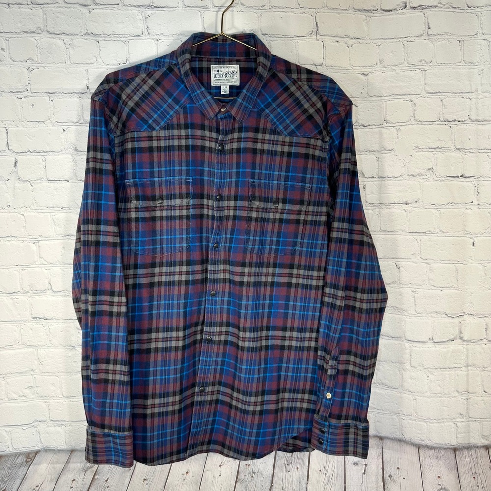 Lucky Brand Mens Saturday Stretch Plaid Western Snap Flannel Shirt Blue Red L
